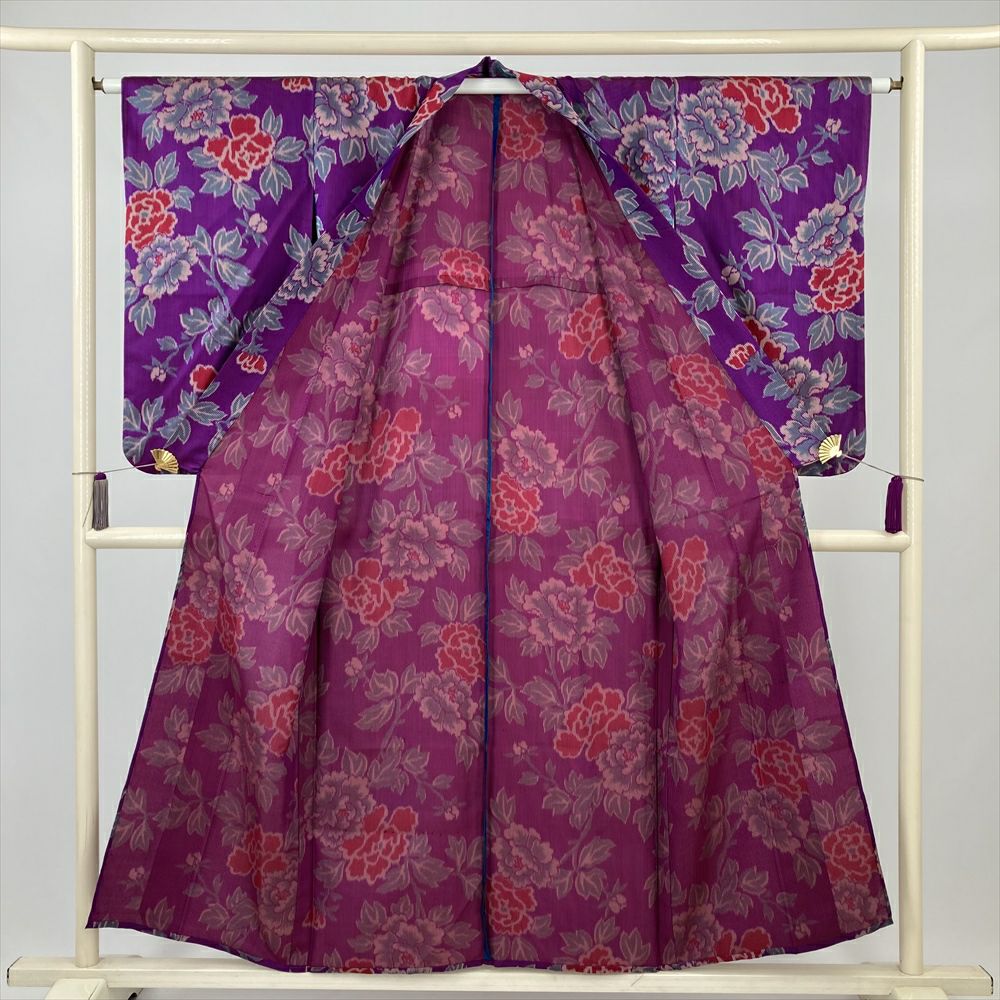 中古） 単衣紬 紫 ヴィンテージ 縞 牡丹 単衣 絹【身丈】147.5cm【裄丈