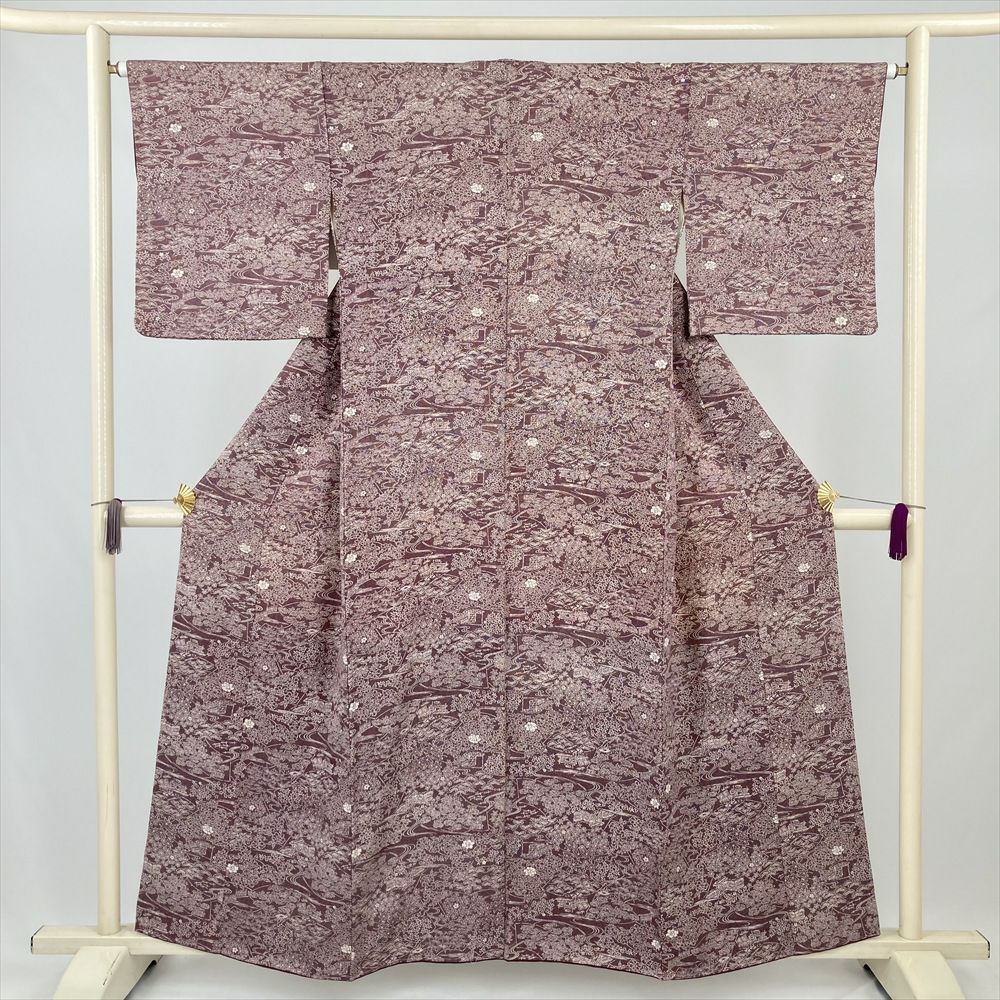 小紋 着物 赤茶 緑 青 黄茶 手染め 花更紗 裄66 Ｍ 新古品 sn1578 中古） 小紋 橙 オレンジ カジュアル 和更紗 袷 絹【身丈】153.5cm【裄