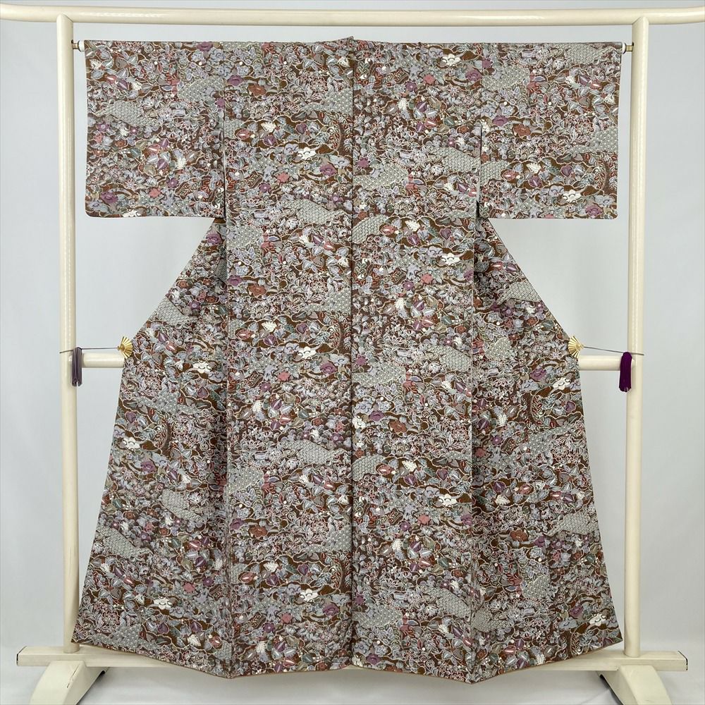 中古） 小紋 橙 オレンジ カジュアル 和更紗 袷 絹【身丈】153.5cm【裄