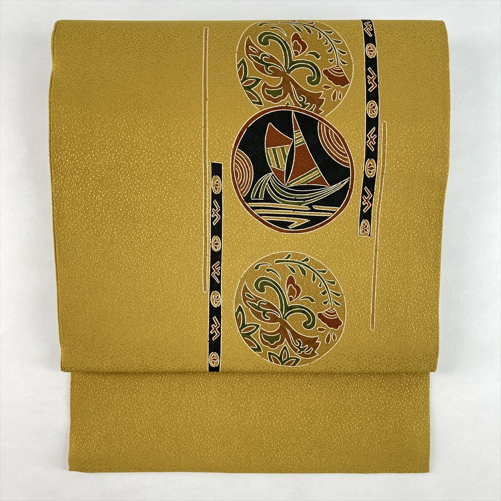 中古）八寸名古屋帯 赤紫 茶 カジュアル 松葉仕立て 織り 山並み 絹