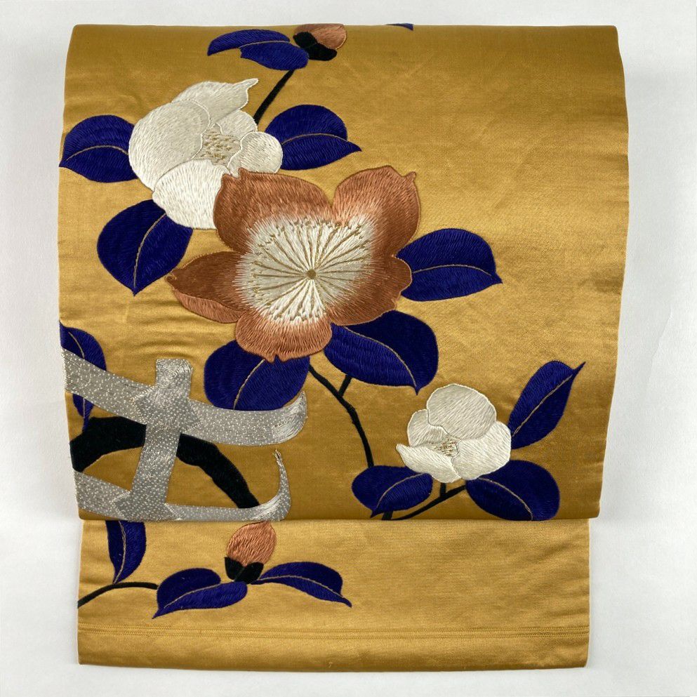 中古）名古屋帯 白金 カジュアル 名古屋仕立て 蘇州刺繍 唐子 絹