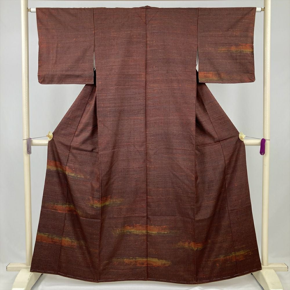 中古）紬 赤 カジュアル 横段 幾何学 袷 S【身丈】158.5cm【裄丈】65.5cm