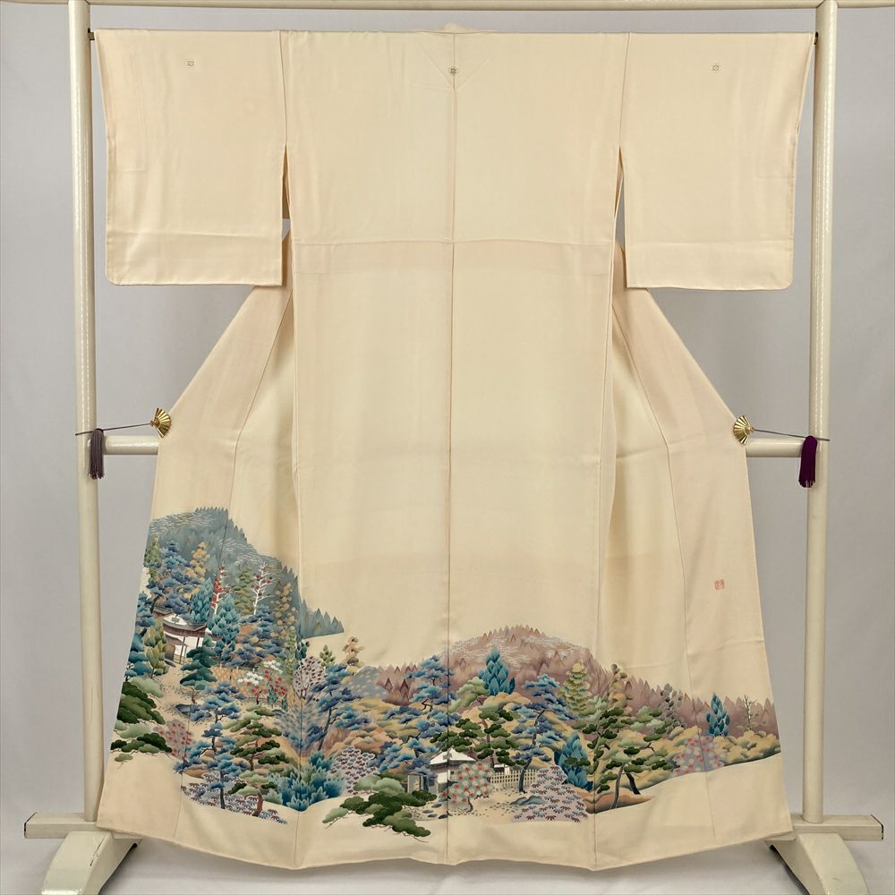 中古）色留袖 オレンジ フォーマル 一つ紋 金彩 刺繍 鶴 道長取り 青海