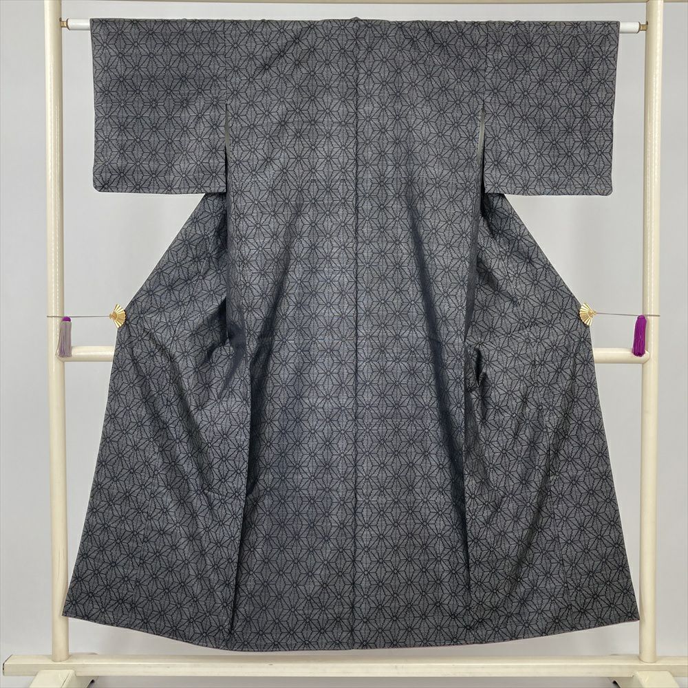 中古）大島紬 青 カジュアル 絣 葉 紅葉 袷 SS【身丈】151cm 【裄丈