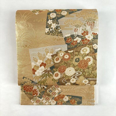 中古）袋帯 金 セミフォーマル フォーマル 六通 織り 山取り 流水 花草 絹