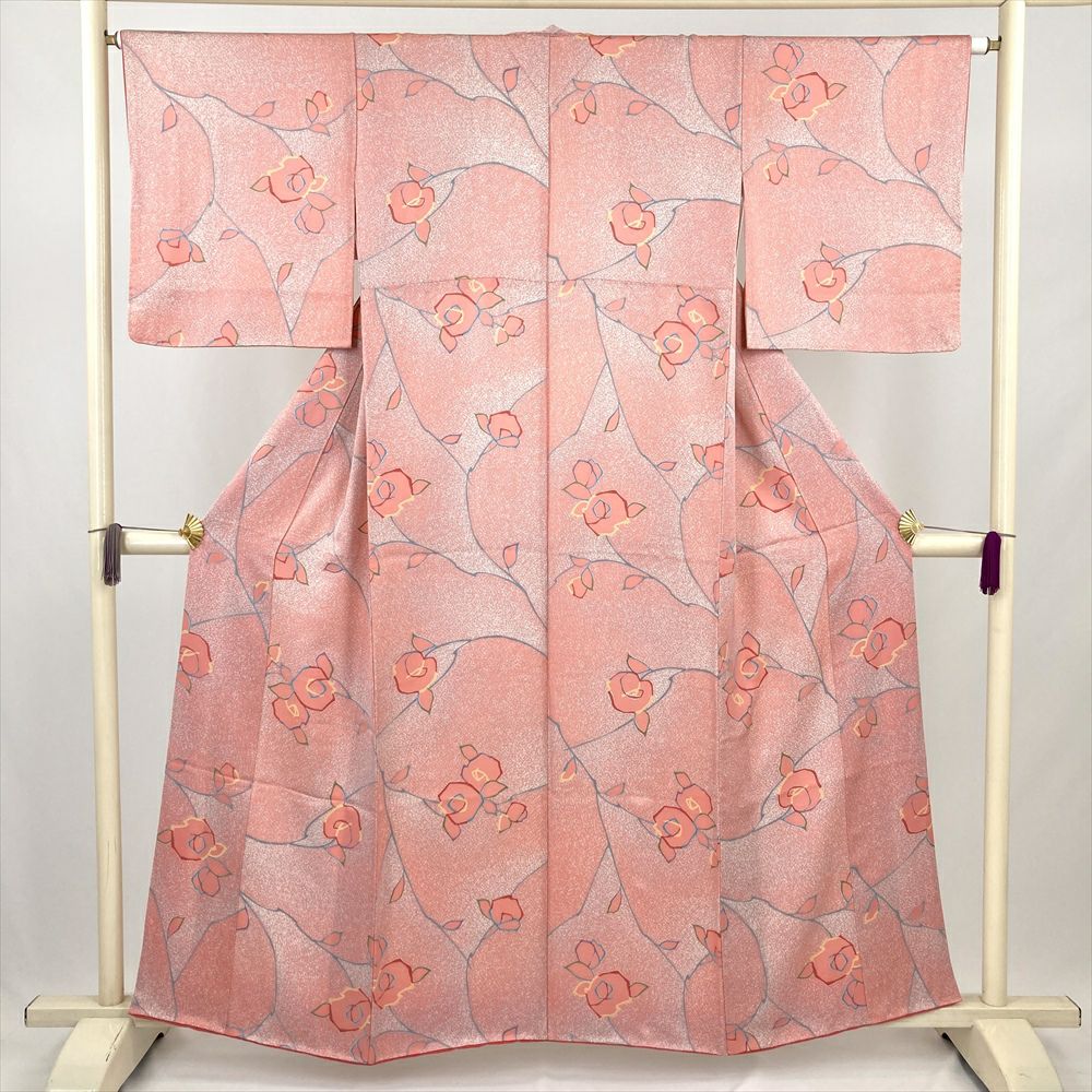中古） 小紋 赤 カジュアル 鮫 袷 絹 【身丈】155cm【裄丈】64cm