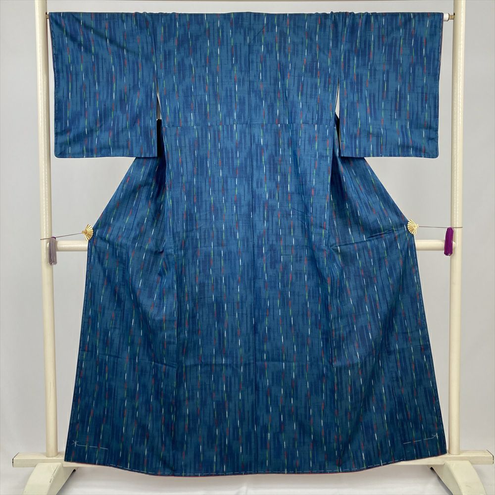 中古） 紬 青 カジュアル 途切れ縞 袷 絹 【身丈】155cm【裄丈】67cm