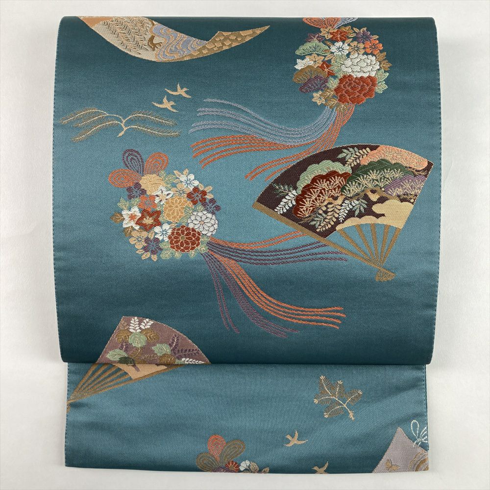 【美品】 六通柄袋帯　鳳凰雲取り紋様　金糸　ネイビー系　色無地　付け下げ　紬 美品】 六通柄袋帯 鳳凰雲取り紋様 金糸 ネイビー系 色無地 付け