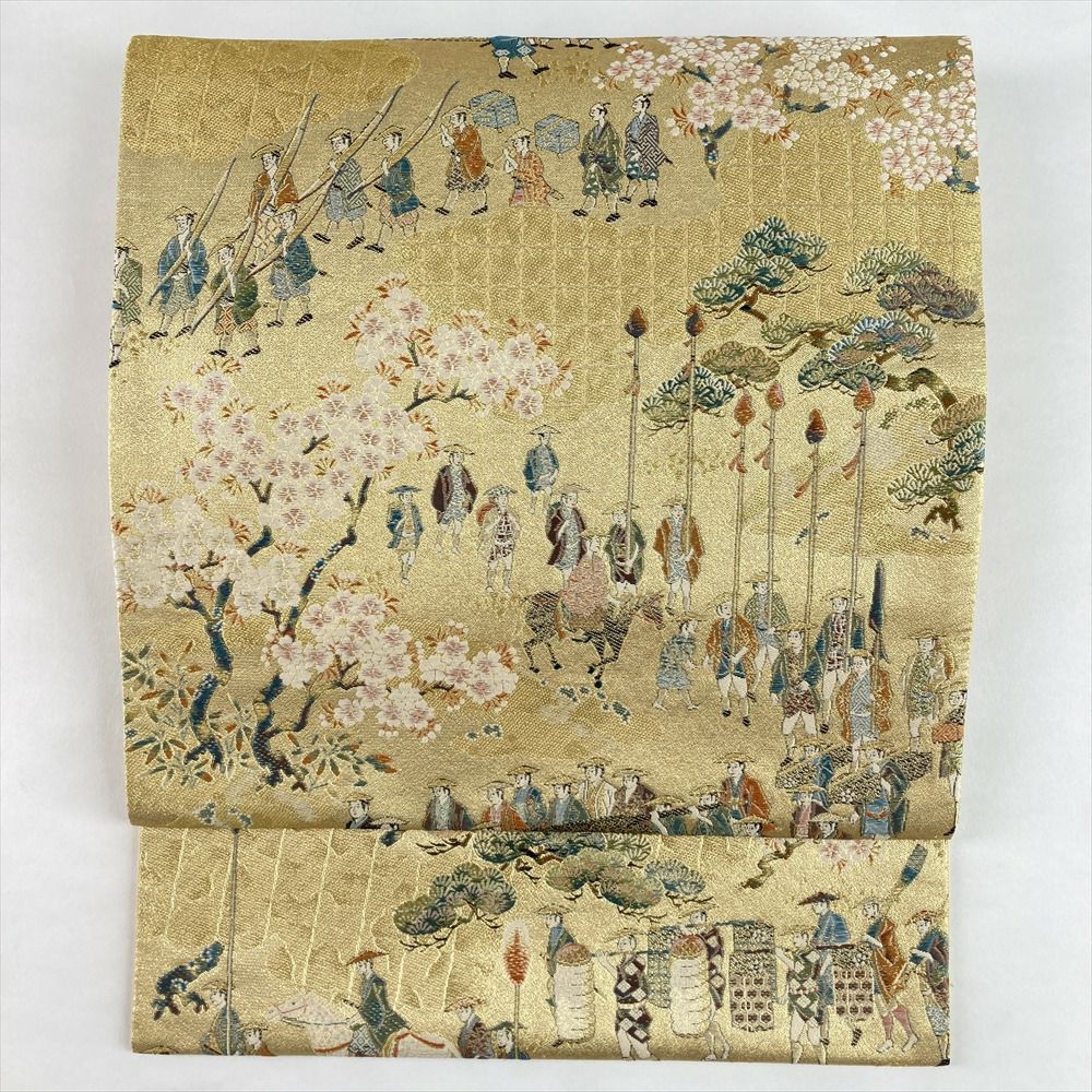 中古）袋帯 金茶 セミフォーマル フォマール 六通 織り 花鳥亀甲文 絹