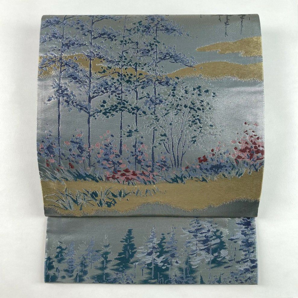 袋帯  赤茶色  竹林  金糸  箔  六通 袋帯 秀品 松梅 桐 金銀糸 箔 えんじ色 六通 正絹｜中古・古着