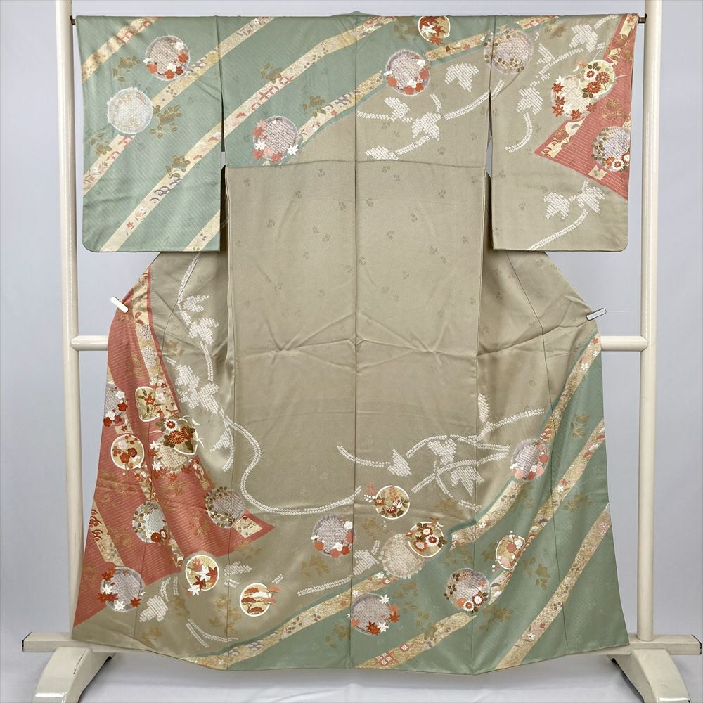 訪問着 着物 中古 正絹 紬地 セミフォーマル 花の図 刺繍 暈し 胡桃染色 多色 金 身丈158.5cm 裄65.5cm M きもの北條 A958-5 訪問着・色無地 | たんす屋 オンラインストア | リユース・中古