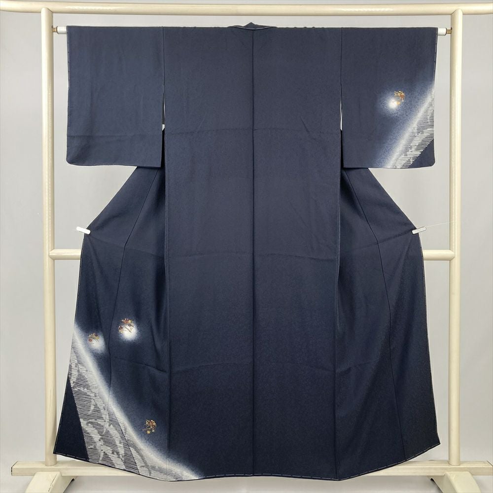 中古） 訪問着 ブルーグレー 紺 セミフォーマル 蘭 菊 袷 絹【身丈