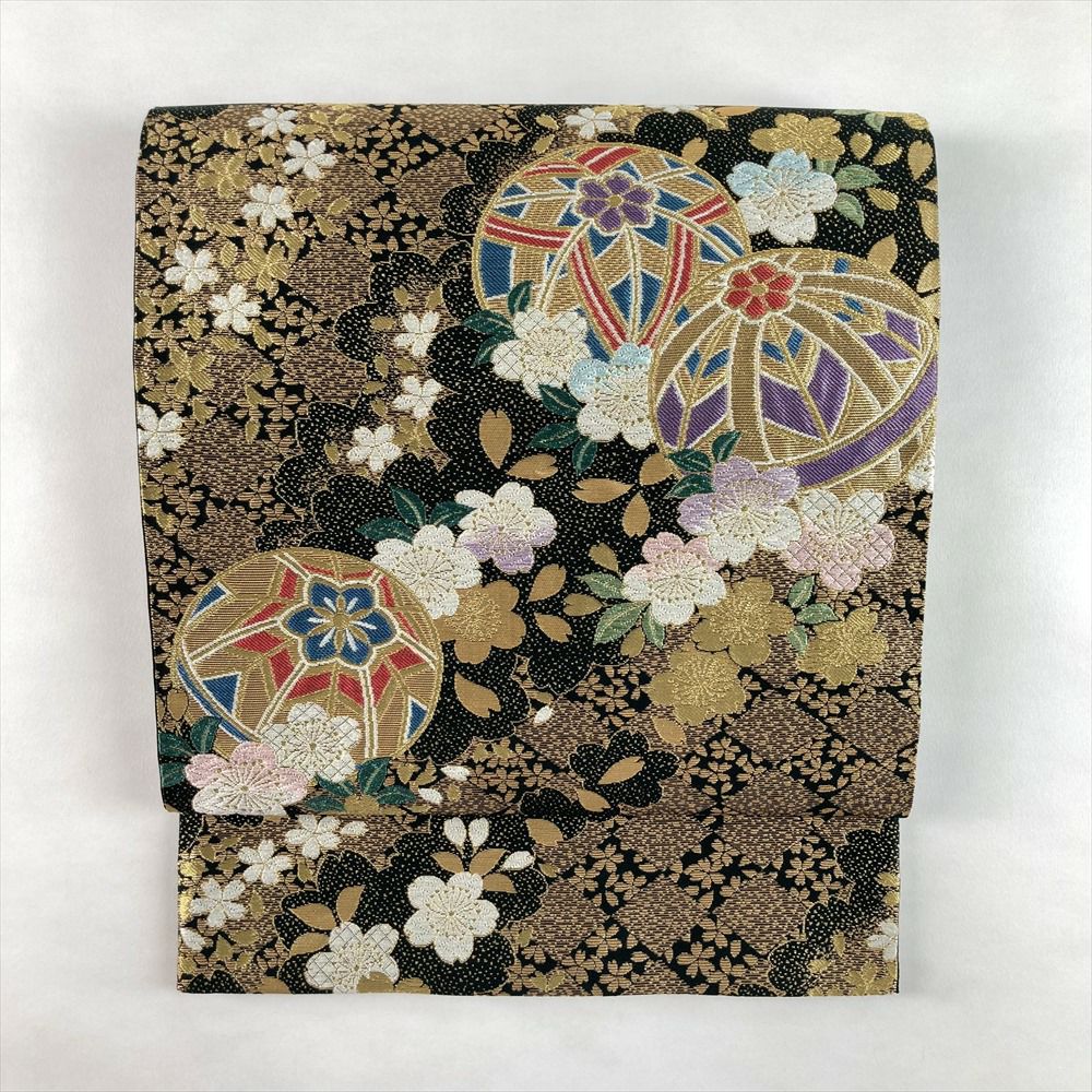 中古）振袖用袋帯 金 フォーマル 六通 金糸 引き箔 花の丸文様 絹