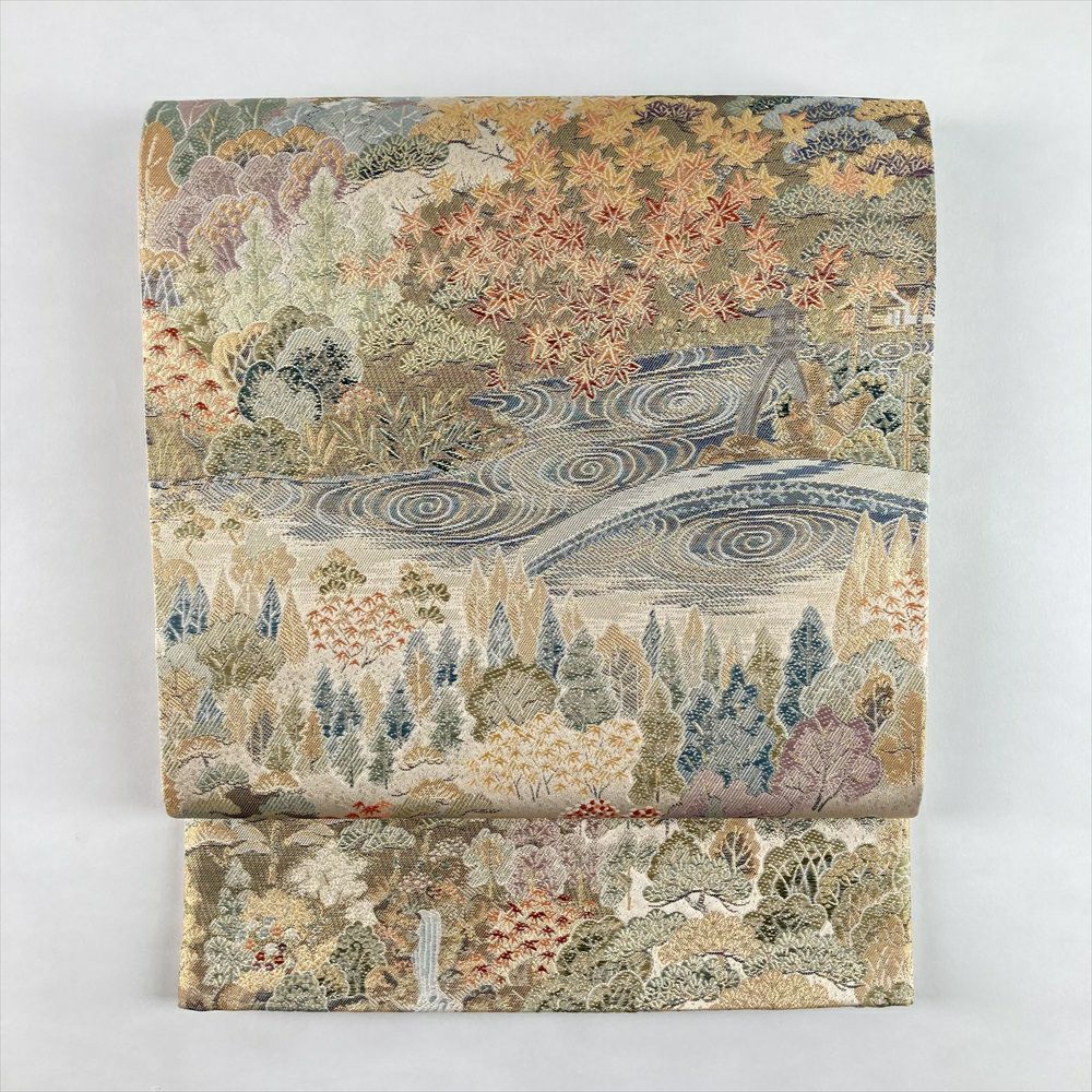 中古）袋帯 金色 フォーマル 六通 織り引き箔 色糸 四季花 山の景色