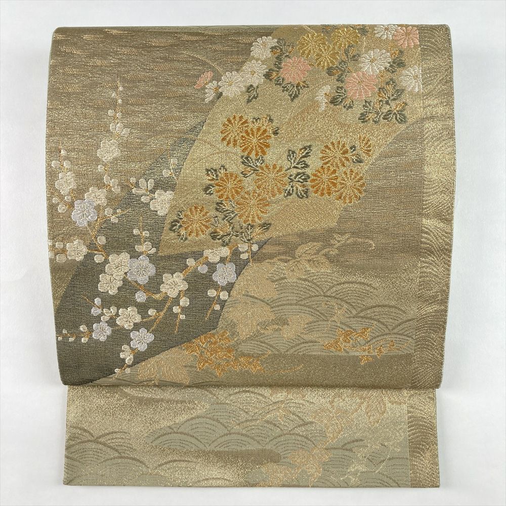 中古）袋帯 金緑 セミフォーマル フォーマル 六通 織り 琳派 花草文 絹