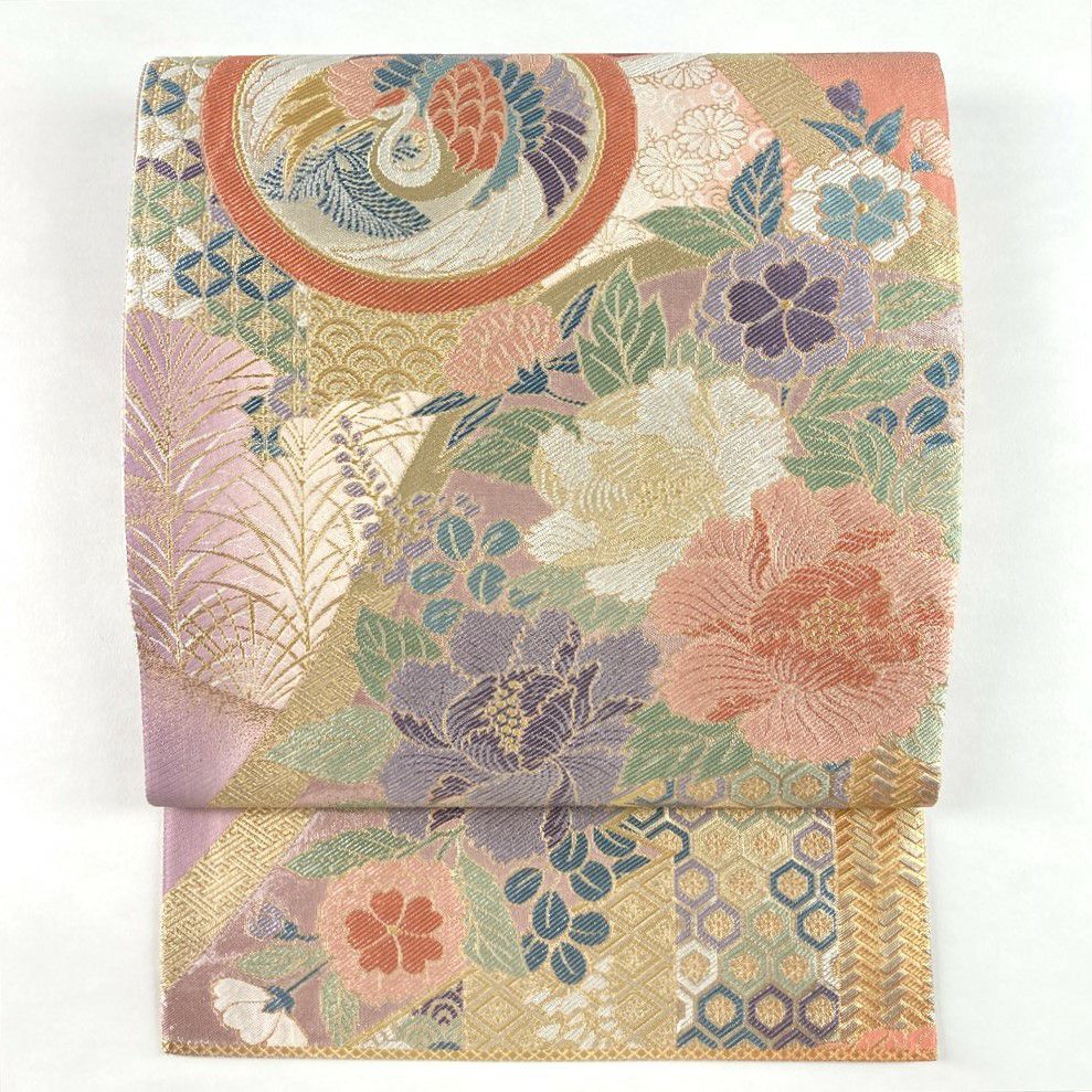 中古）丸帯 金色 フォーマル 六通 織り 引き箔 色糸 扇面 平安絵巻
