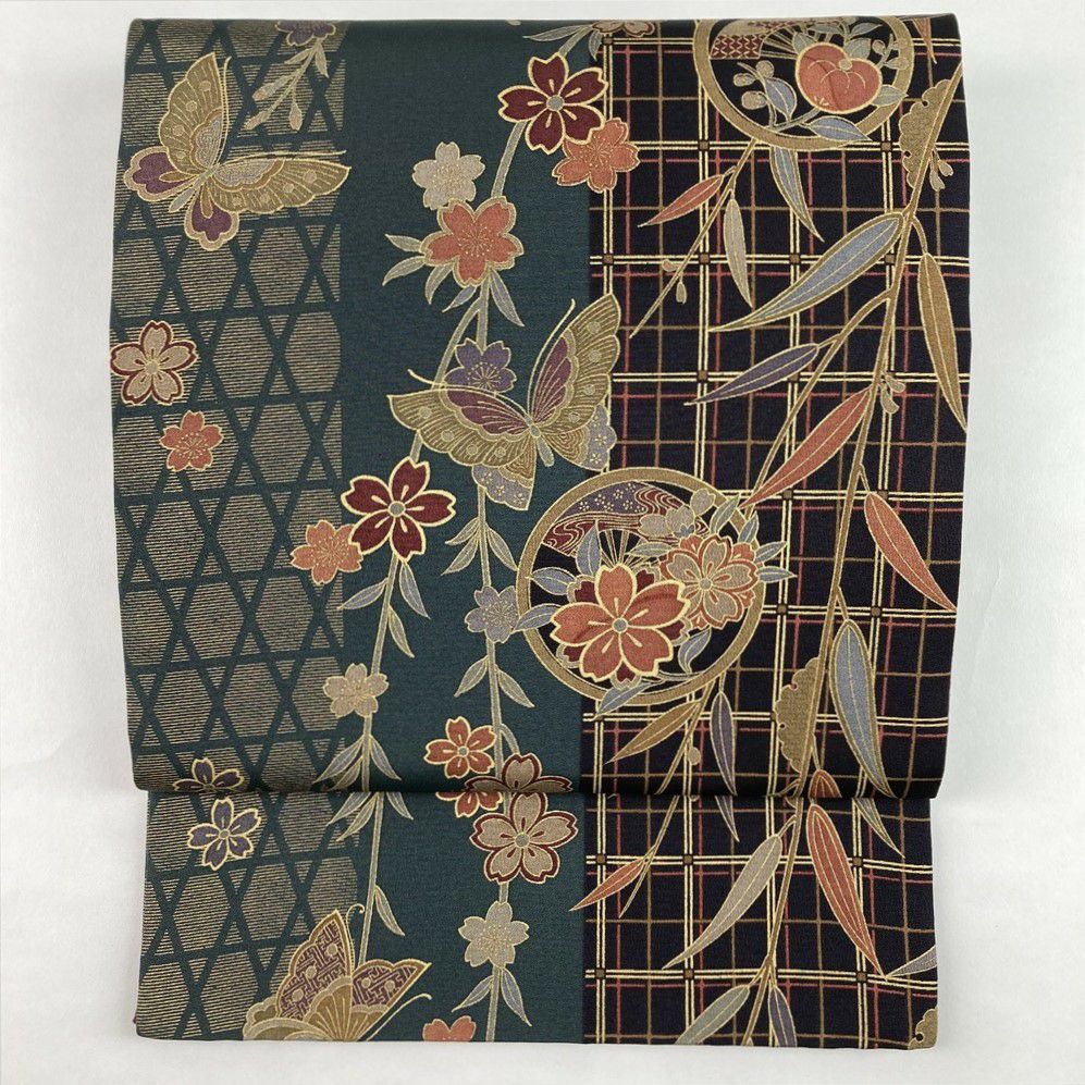 中古）振袖 青 フォーマル 金彩 金駒刺繍 竹 笹 疋田 宝尽くし 袷 M