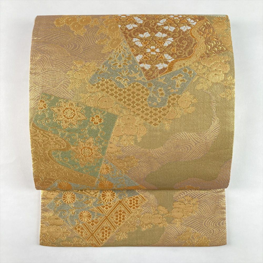 中古）袋帯 黒 金 フォーマル 六通 織り 金糸 華紋 鳳凰 絹