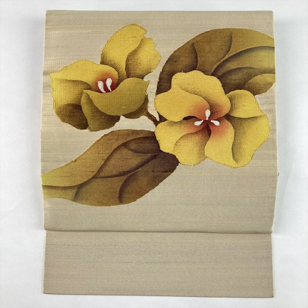 名古屋帯 紅葉 茶筒 能面 刺繍 銀通し 藤色 落款 作家物 NO-799 秀美 名古屋帯 十日町友禅 正絹 黒地 紅葉 もみじ 浜ちりめん 友禅染