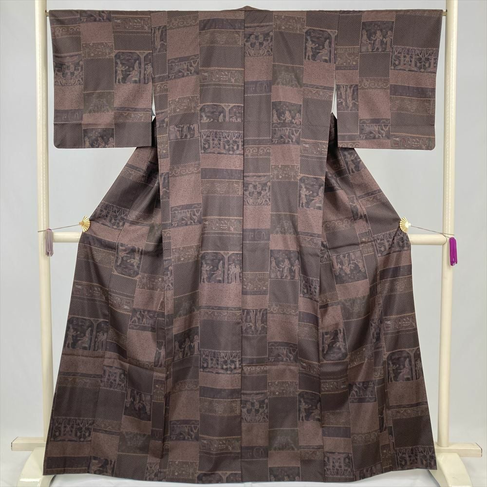 中古）紬 グレージュ カジュアル 織り 変わり横段 袷 S【身丈】158cm