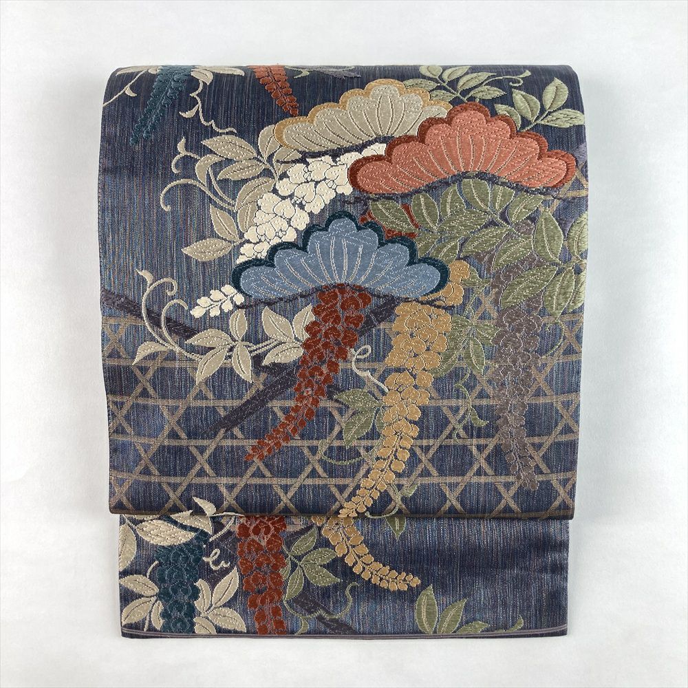 中古）袋帯 金 セミフォーマル フォーマル 六通 織り 山取り 流水 花草 絹