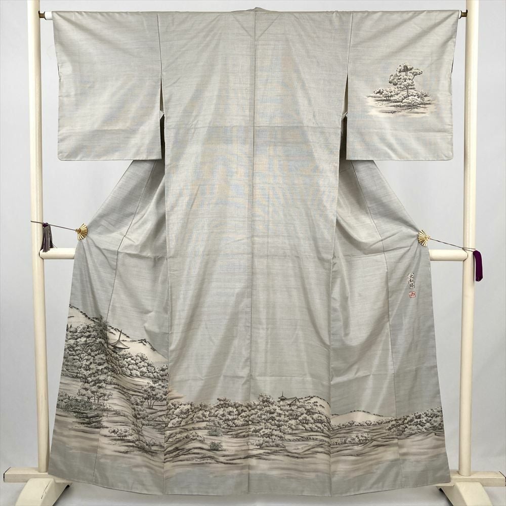 中古） 訪問着 白 カジュアル 染め 大島紬 景色文 袷 絹【身丈】156cm