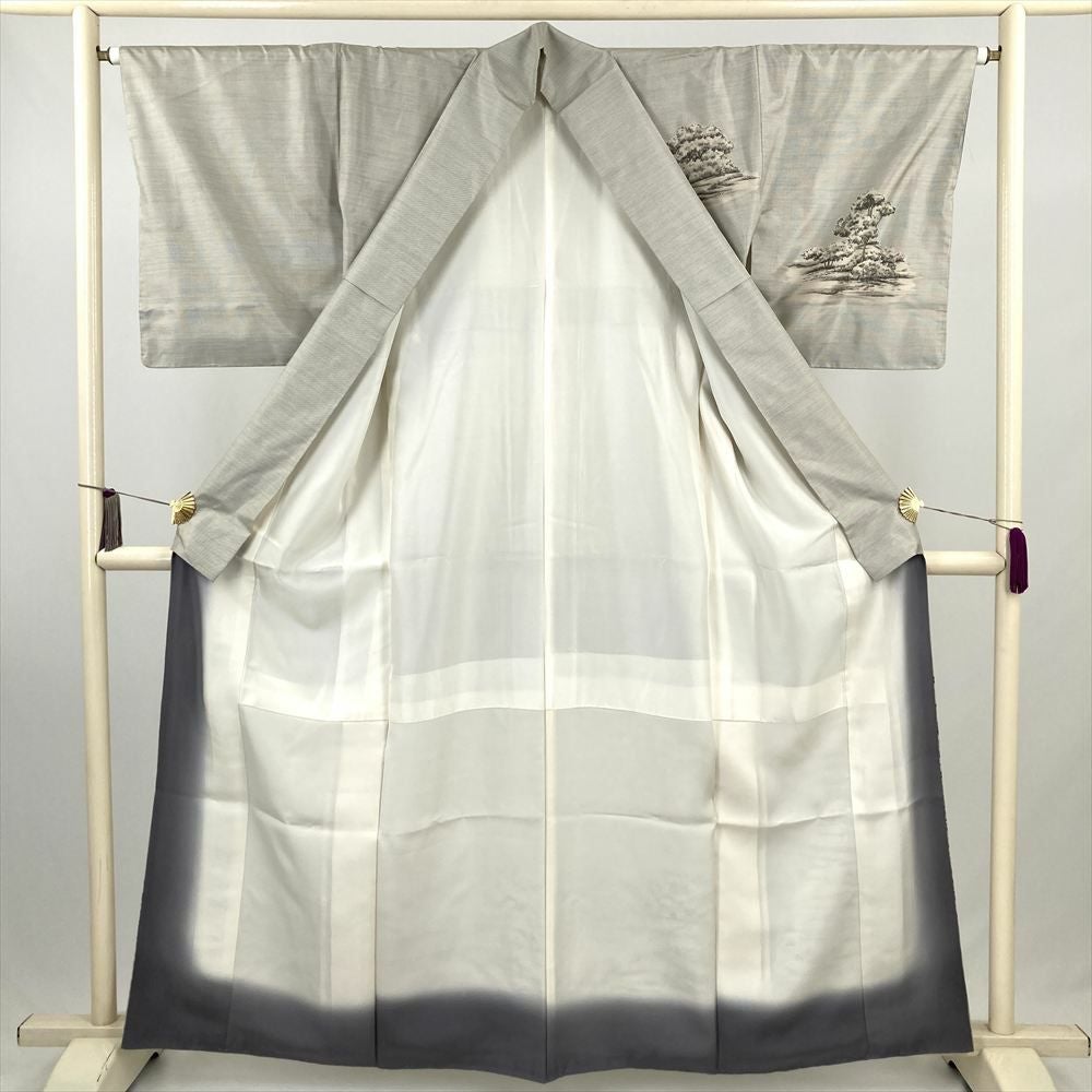 中古） 訪問着 白 カジュアル 染め 大島紬 景色文 袷 絹【身丈】156cm