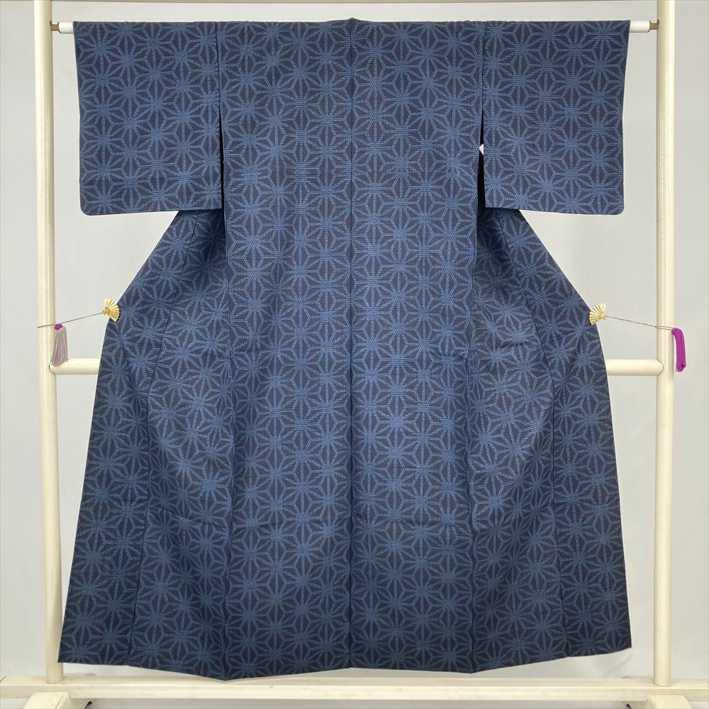 中古）単衣紬 ブルーグレー カジュアル オリエンタル柄 単衣 絹 【身丈