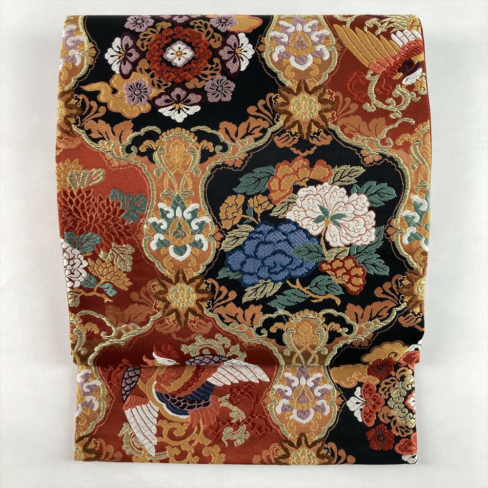 【JA】豪華 金花蝶鳳凰文様 正絹 六通 袋帯 中古）袋帯 緑 フォーマル 六通 金糸 華文 蝶 牡丹唐草 唐花