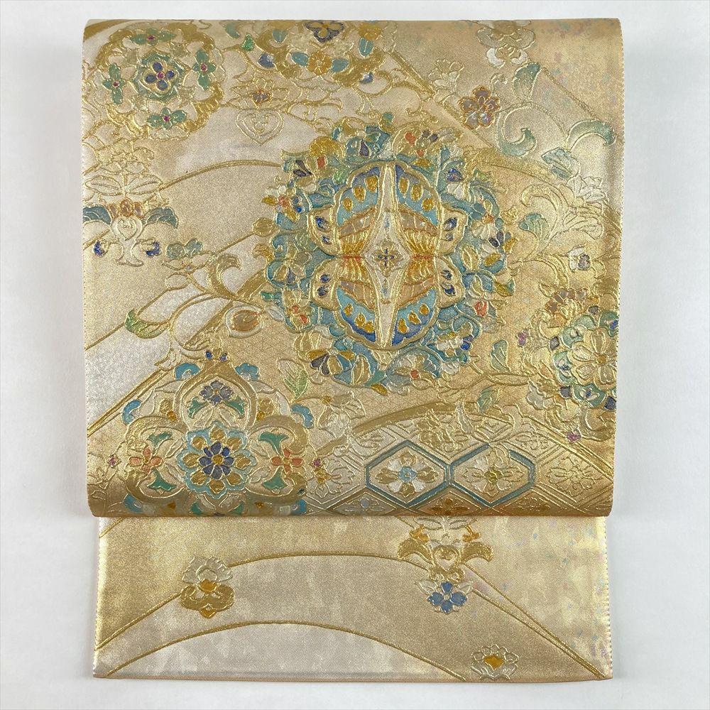 中古）袋帯 緑 フォーマル 六通 金糸 華文 蝶 牡丹唐草 唐花