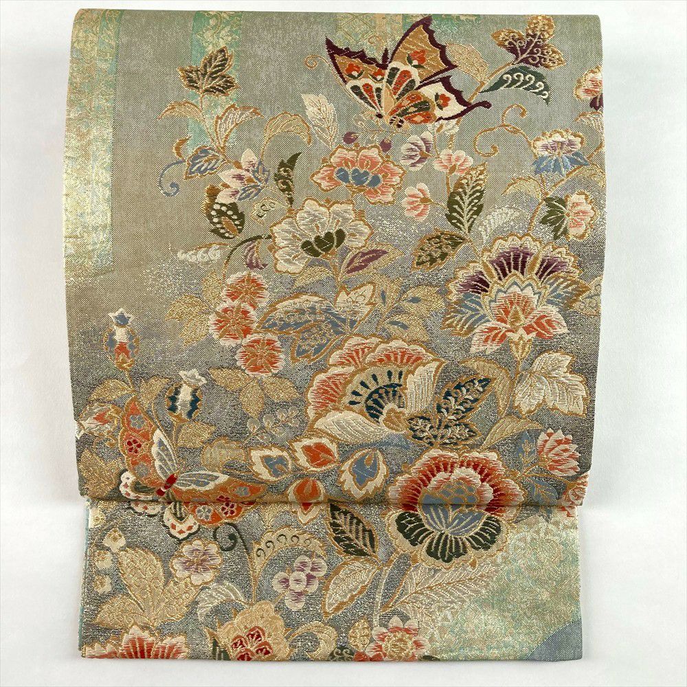 中古）袋帯 金緑 セミフォーマル フォーマル 六通 織り 花蝶文 絹