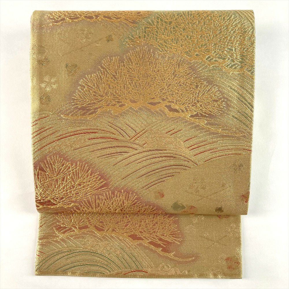 中古）袋帯 金 セミフォーマル フォーマル 六通 織り 松 波 吹き寄せ 絹