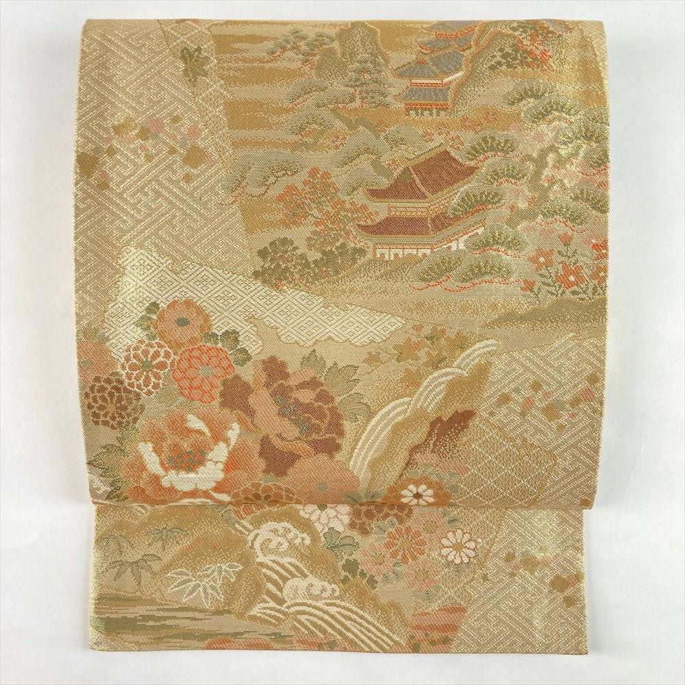 中古）袋帯 金 セミフォーマル フォーマル 六通 織り 破れ色紙文 絹