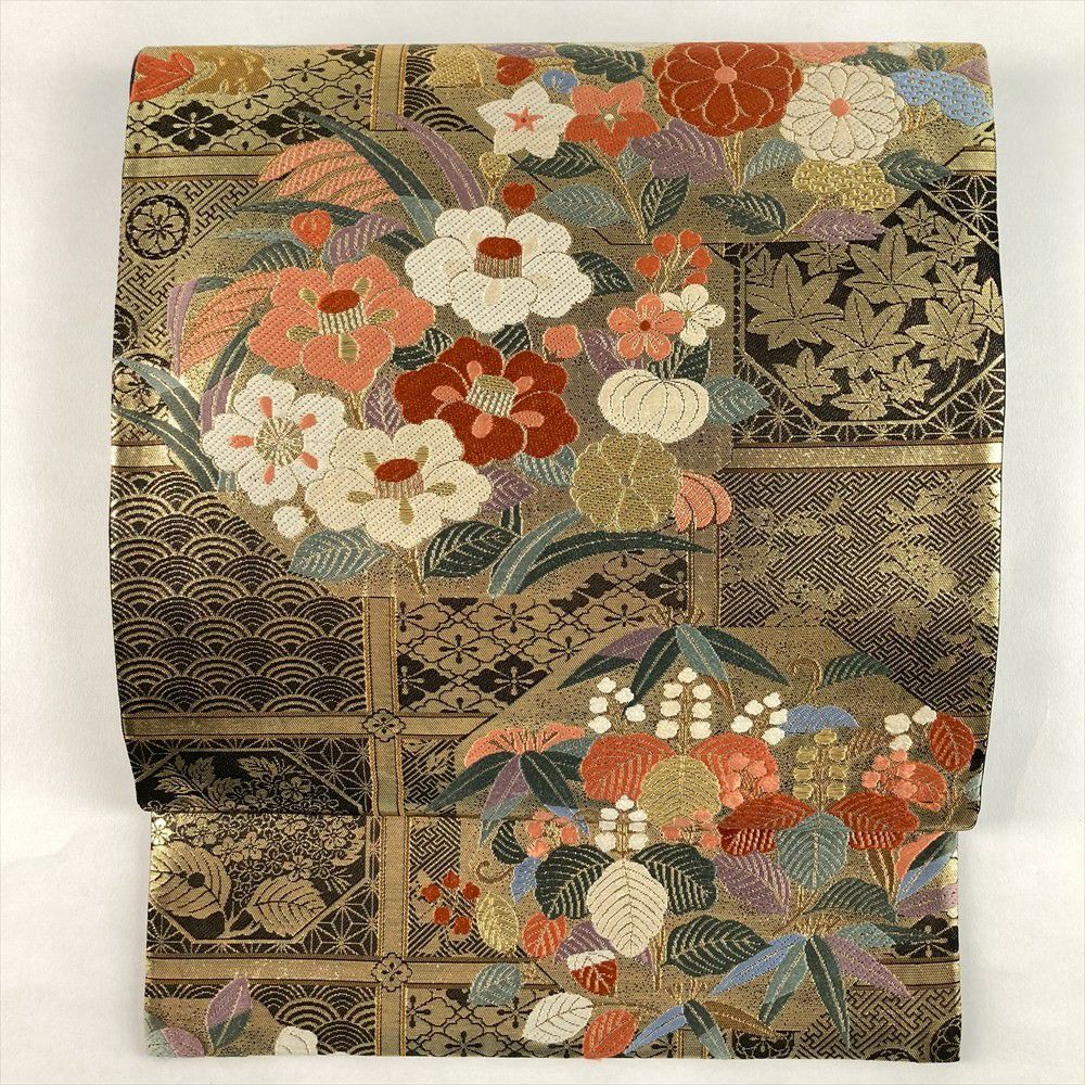 中古）袋帯 金 セミフォーマル フォーマル 六通 織り 格天井 四季花 絹