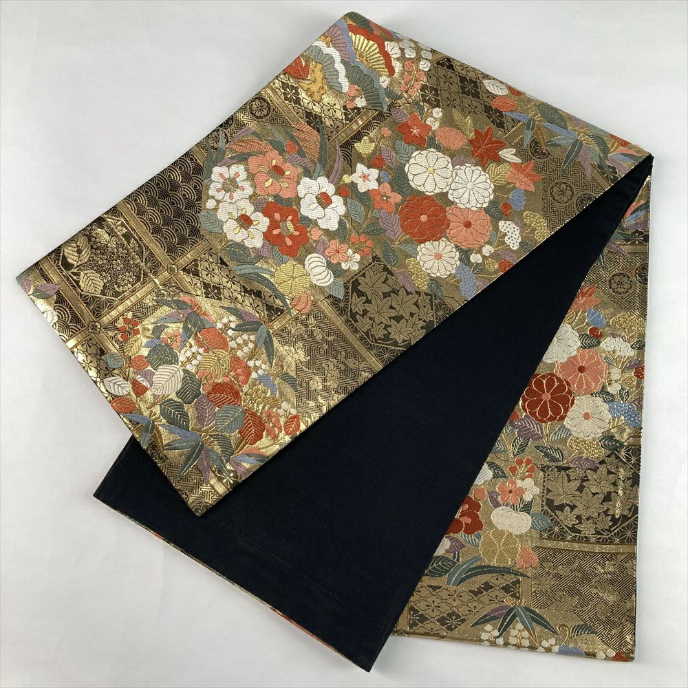 中古）袋帯 金 セミフォーマル フォーマル 六通 織り 格天井 四季花 絹