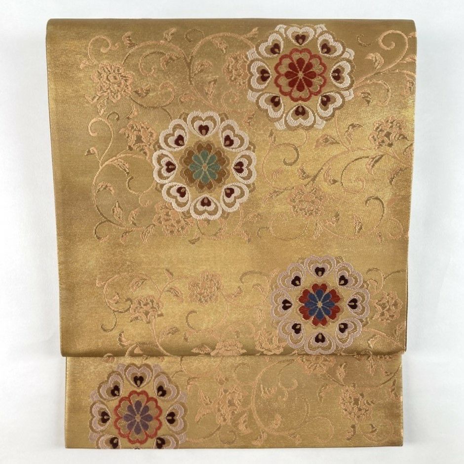 【未使用品】袋帯　細密織　豪華鳳凰宝相華　金紫　六通 中古）袋帯 金 フォーマル セミフォーマル 六通 切り嵌め 蔓花 華文
