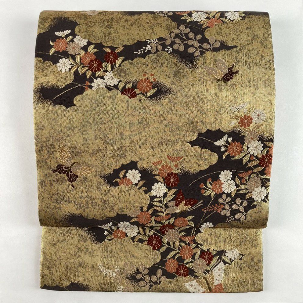 【JA】豪華 金花蝶鳳凰文様 正絹 六通 袋帯 中古）袋帯 白 金 フォーマル 六通 織り 真珠箔 鳳凰 唐花 絹