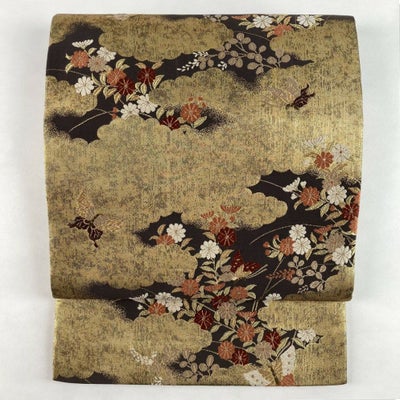 中古）袋帯 緑 フォーマル 六通 金糸 華文 蝶 牡丹唐草 唐花
