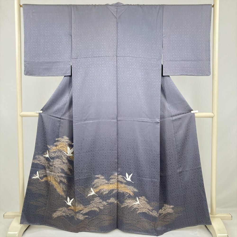 中古） 色留袖 灰青緑 フォーマル 鶴に扇面と熨斗 袷 絹【身丈】162cm