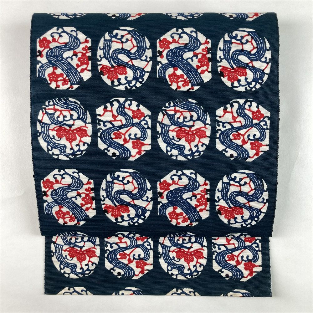 中古）名古屋帯 銀 カジュアル 松葉仕立て 織り 刺繍 紅葉 流水 絹