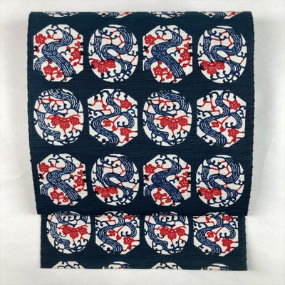 中古）名古屋帯 銀 カジュアル 松葉仕立て 織り 刺繍 紅葉 流水 絹