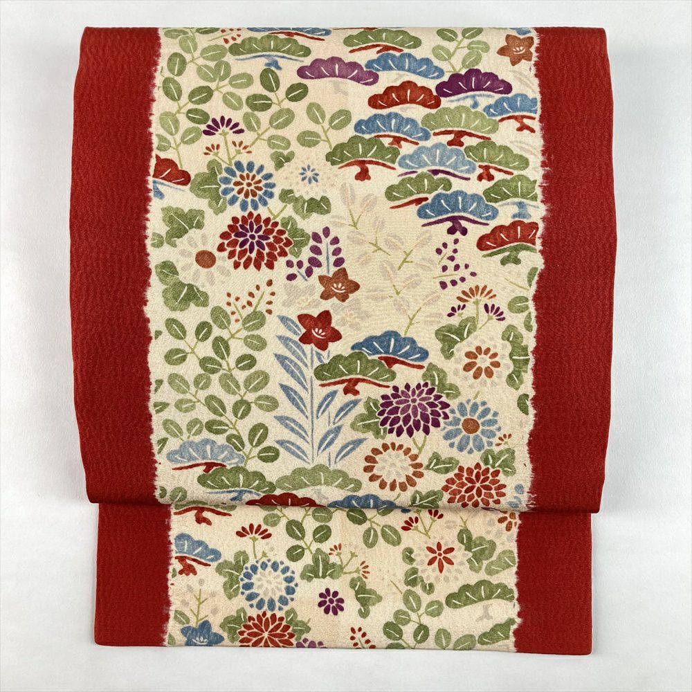 中古）名古屋帯 ピンク色 カジュアル 名古屋仕立て 塩瀬 染め 刺繍 牡丹