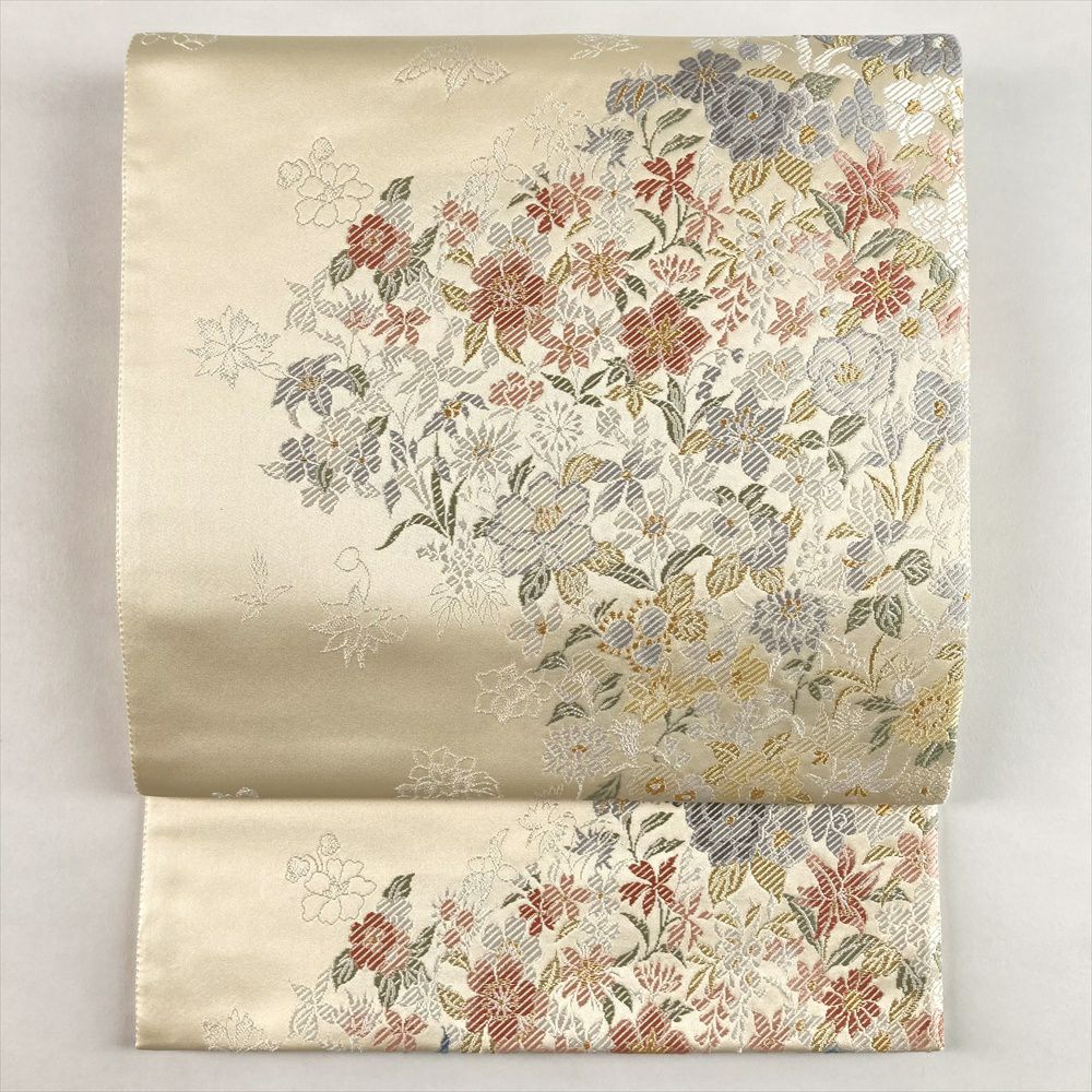 中古）袋帯 赤茶 刺繍 絞り カジュアル 六通 扇面 四季花