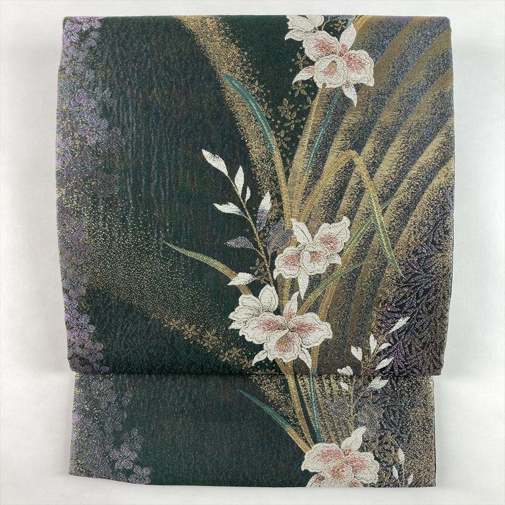 中古）袋帯 黒 フォーマル セミフォーマル 六通 金糸 銀糸 辻が花