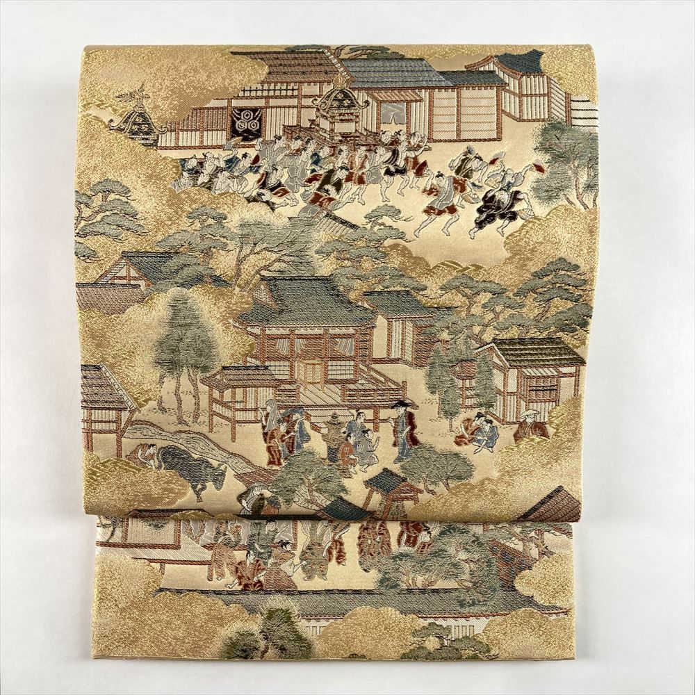 R8RK373 袋帯 花鳥 華文 唐草 礼装用 金糸 六通柄 緑 ゴールド 中古）袋帯 緑 フォーマル 六通 金糸 華文 蝶 牡丹唐草 唐花