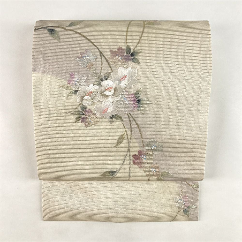 中古）名古屋帯 白金 カジュアル 名古屋仕立て 蘇州刺繍 唐子 絹