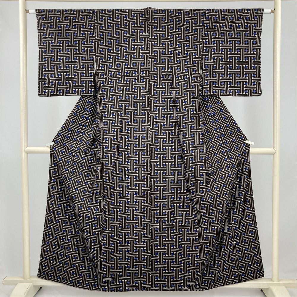 中古） 大島紬 黒 藍 カジュアル 雲に花の丸文様 袷 絹 【身丈】159cm