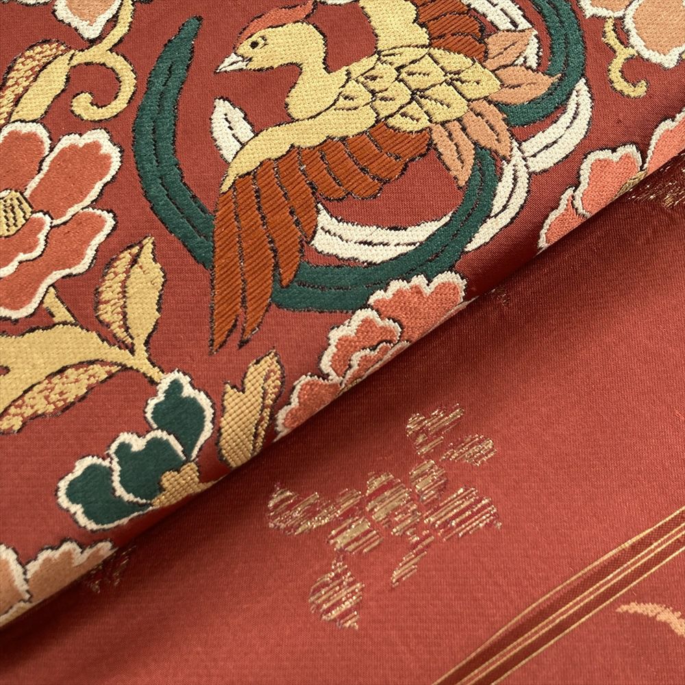 中古）名古屋帯 赤茶 オレンジ ヴィンテージ 名古屋仕立て 織り 金糸