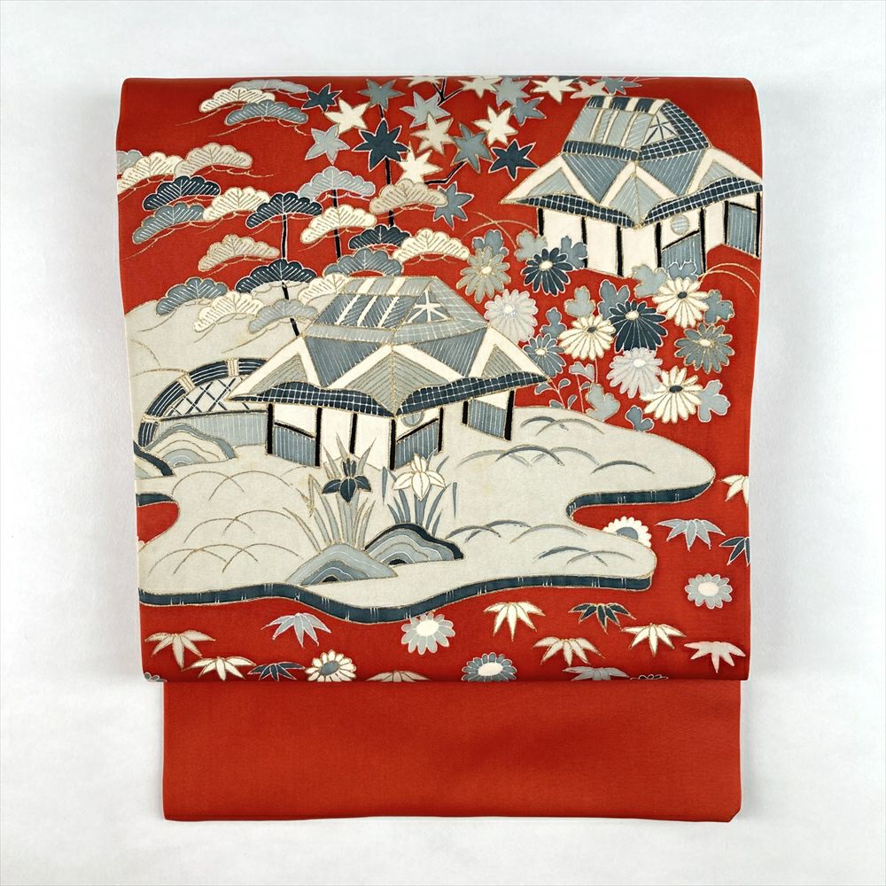 名古屋帯 九寸 京都 西陣 金箔糸 赤茶色 鳥 カジュアル 中古 kp2153 中古）九寸名古屋帯 臙脂 カジュアル 金糸 抽象柄 名古屋仕立て