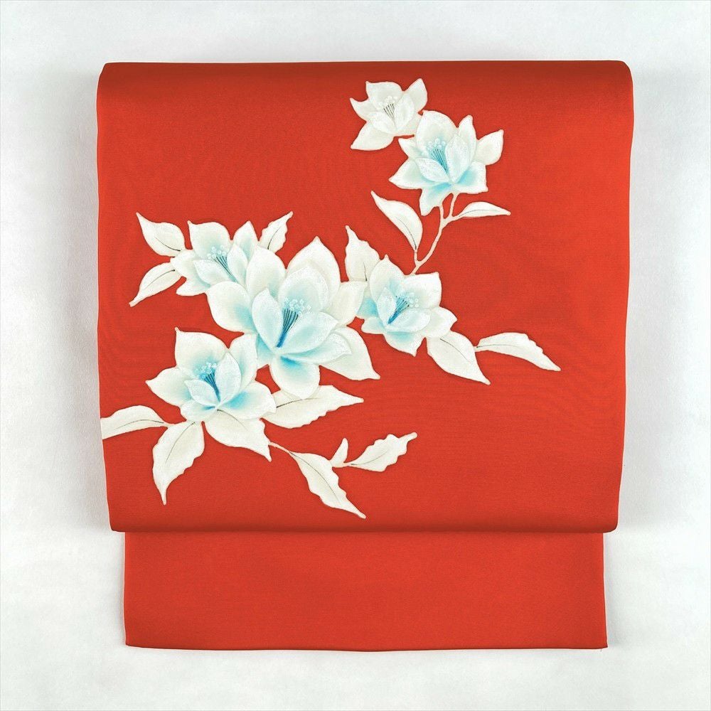 【美品】 高級 塩瀬 名古屋帯 正絹 平仕立て 洋花 えんじ 赤 芸者 レトロ 中古）名古屋帯 ピンク カジュアル 名古屋仕立て 染め 塩瀬 菊 絹